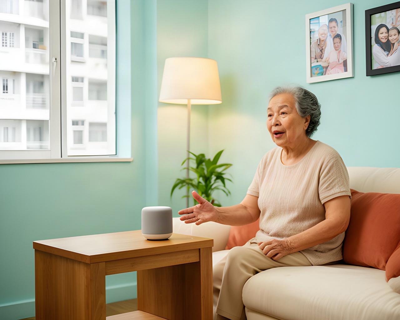 An older adult speaking to a compact home assistant in a bright Singapore HDB living room, with family photos and a floor lamp nearby