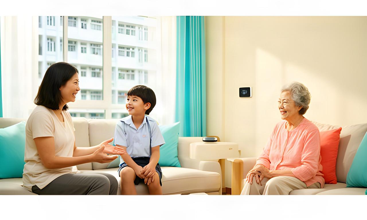Three generations sharing a bright HDB flat living room, with a parent speaking to a child beside an older family member